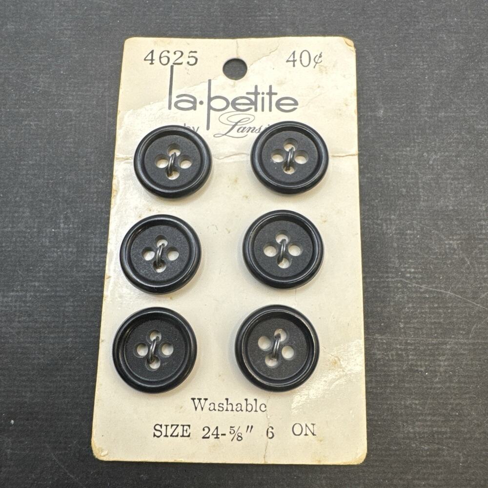 Vintage La Petite by Lansing Black 5/8” Sewing Buttons 6 NOS Original Card #4625